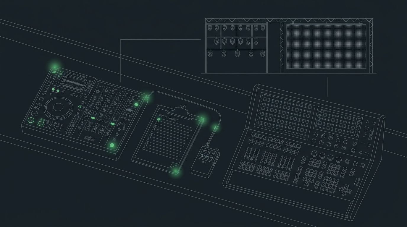 Backstage DJ booth and venue run-sheet illustration